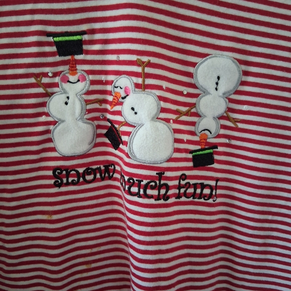 Women’s Red & White Striped V-Neck Nightshirt with Snowman Embroidery - Picture 2 of 4